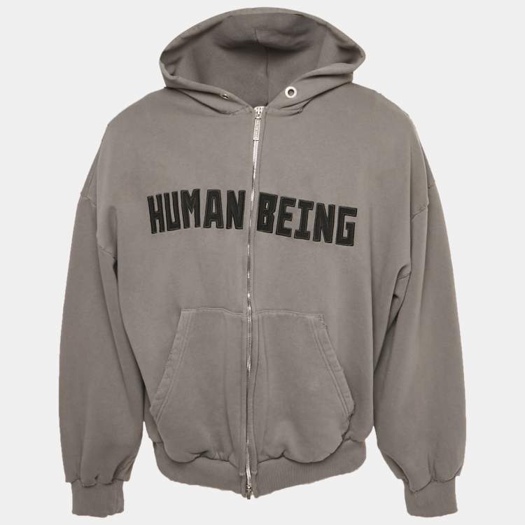 Pre Owned Balenciaga Unisex Grey Cotton Distressed Zip-Up Hoodie L