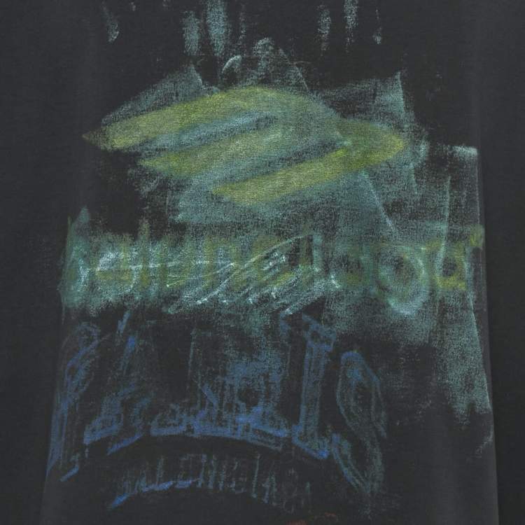 Pre Owned Balenciaga Unisex Dark Blue Printed Jersey Distressed T-Shirt M