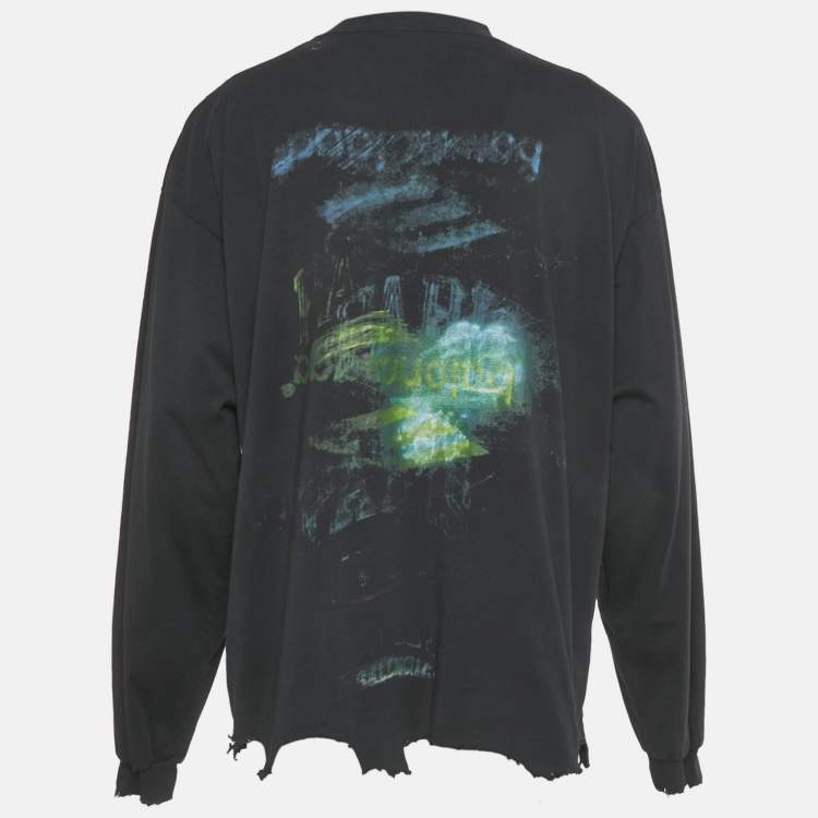 Pre Owned Balenciaga Unisex Dark Blue Printed Jersey Distressed T-Shirt M