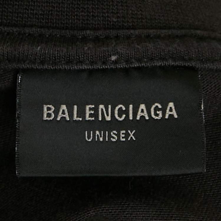 Pre Owned Balenciaga Black Logo Printed Cotton Knit Frayed Hem T-Shirt M