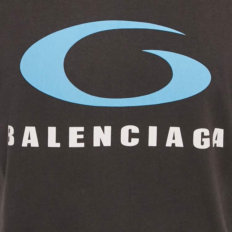 Pre Owned Balenciaga Black Logo Printed Cotton Knit Frayed Hem T-Shirt M