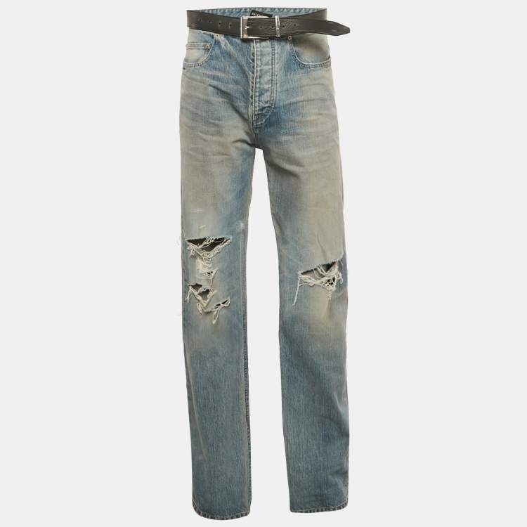 Pre Owned Balenciaga Unisex Blue Ripped Denim Belted Jeans M/Waist 32"