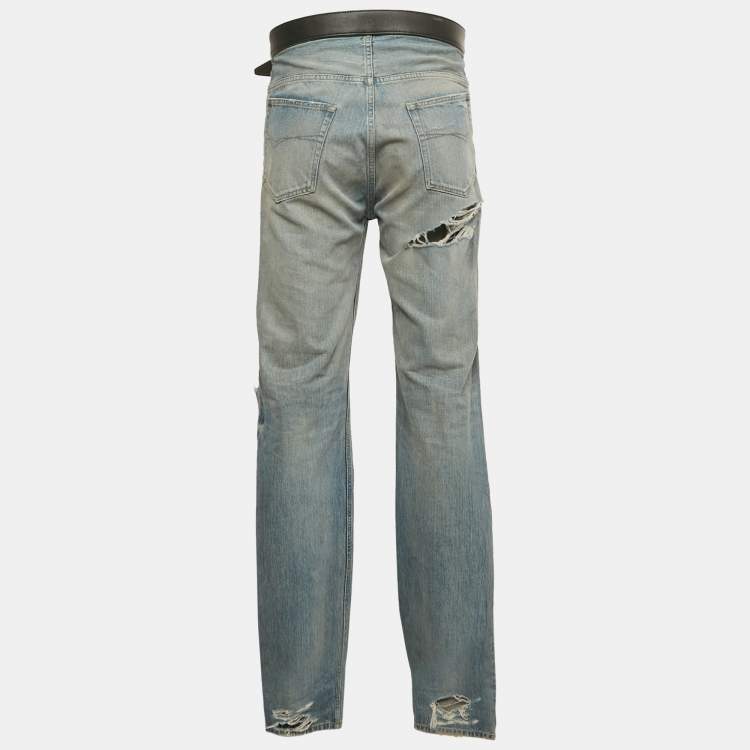 Pre Owned Balenciaga Unisex Blue Ripped Denim Belted Jeans M/Waist 32"