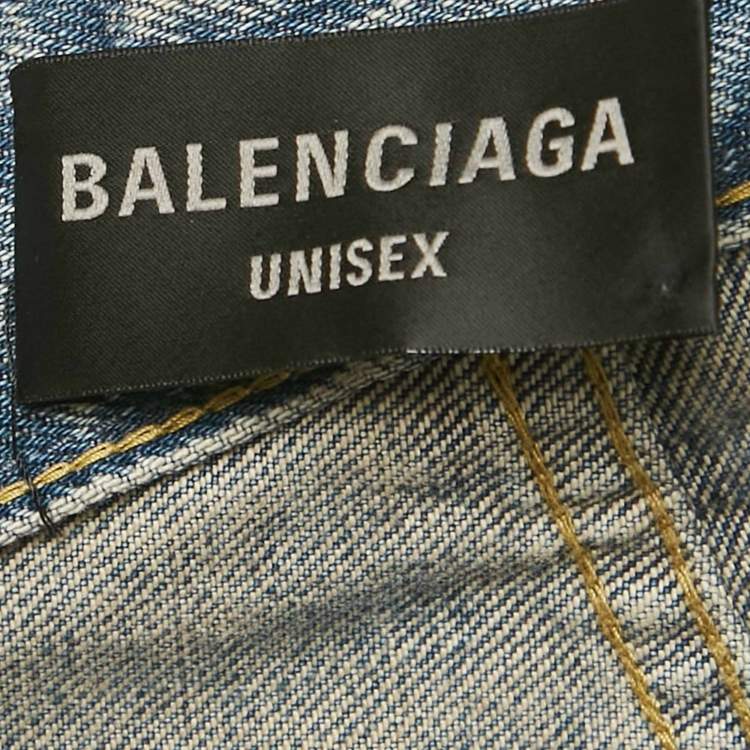 Pre Owned Balenciaga Unisex Blue Ripped Denim Belted Jeans M/Waist 32"