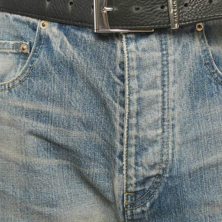 Pre Owned Balenciaga Unisex Blue Ripped Denim Belted Jeans M/Waist 32"