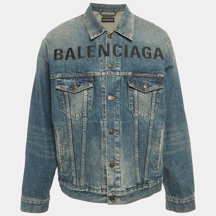 Pre Owned Balenciaga Blue Logo Embroidered Denim Oversized Jacket XS
