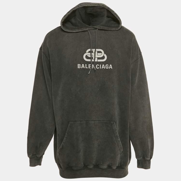 Pre Owned Balenciaga Faded Black Logo Print Cotton Oversize Hoodie XL