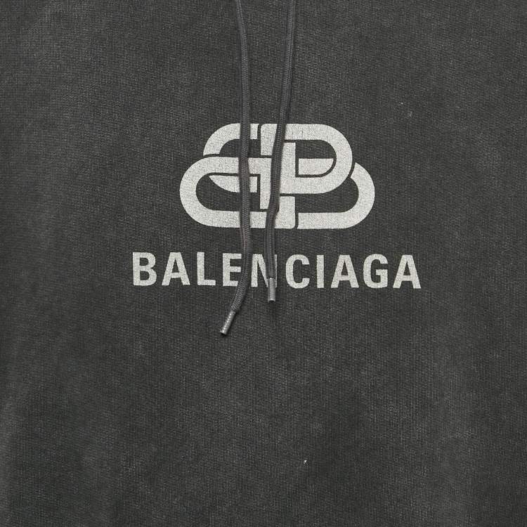 Pre Owned Balenciaga Faded Black Logo Print Cotton Oversize Hoodie XL