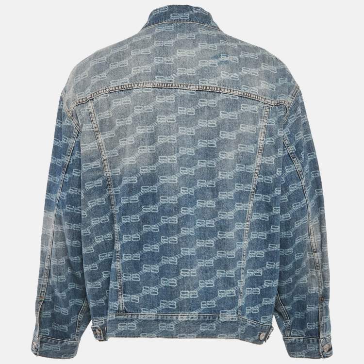 Pre Owned Balenciaga Unifit Blue Logo Pattern Denim Oversized Jacket S