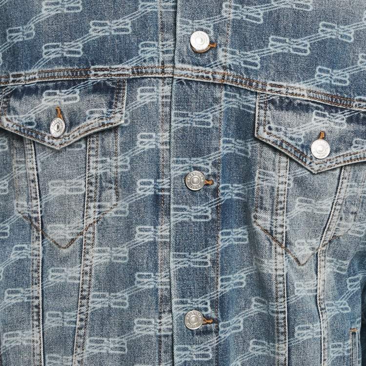 Pre Owned Balenciaga Unifit Blue Logo Pattern Denim Oversized Jacket S