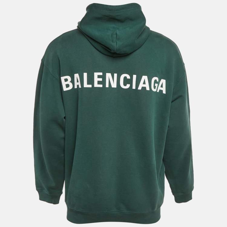 Pre Owned Balenciaga Green Logo Print Cotton Knit Hoodie M