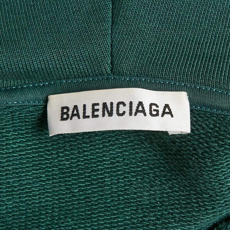 Pre Owned Balenciaga Green Logo Print Cotton Knit Hoodie M