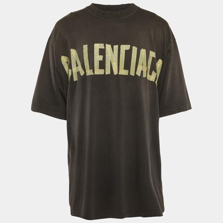 Pre Owned Balenciaga Unisex Grey Logo Tape Print Jersey Distressed T-Shirt XXL