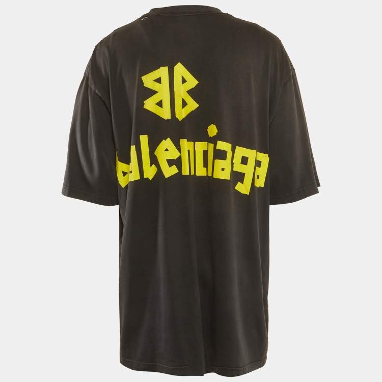 Pre Owned Balenciaga Unisex Grey Logo Tape Print Jersey Distressed T-Shirt XXL
