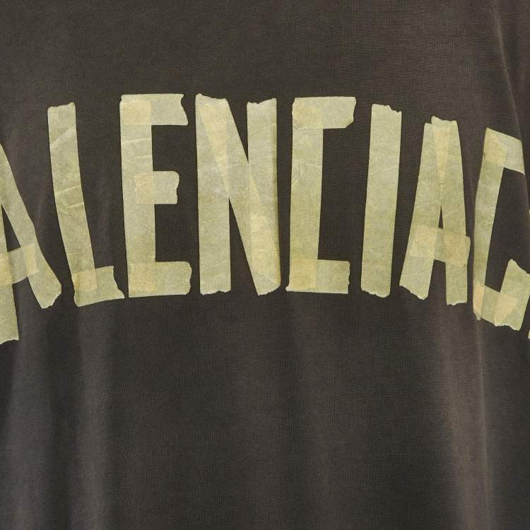 Pre Owned Balenciaga Unisex Grey Logo Tape Print Jersey Distressed T-Shirt XXL