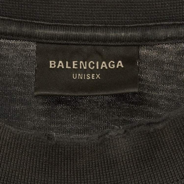 Pre Owned Balenciaga Unisex Grey Logo Tape Print Jersey Distressed T-Shirt XXL