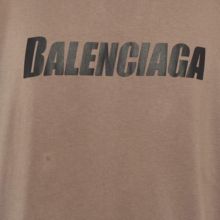 Pre Owned Balenciaga Unisex Brown Logo Print Jersey Distressed T-Shirt M
