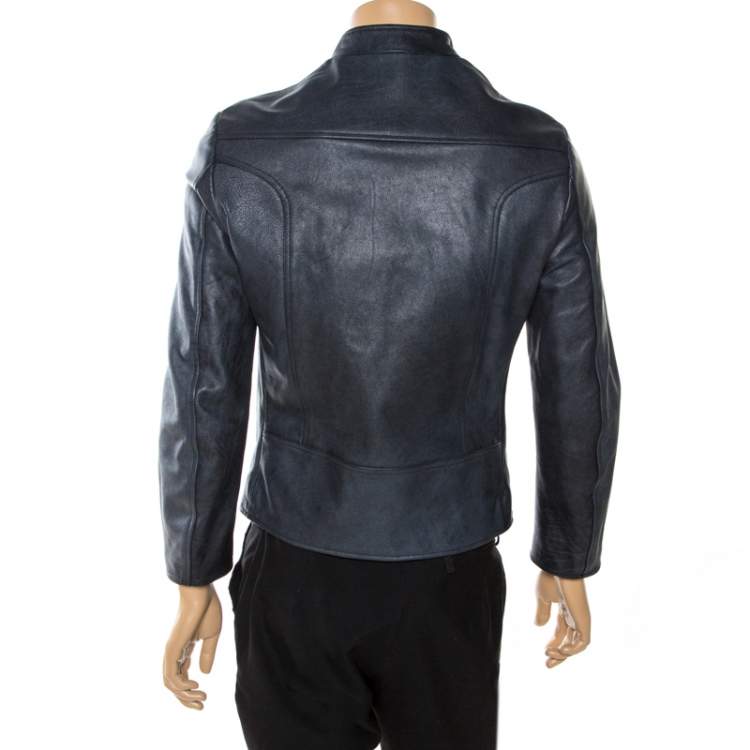 Pre Owned Balenciaga Navy Blue Leather Biker Jacket M