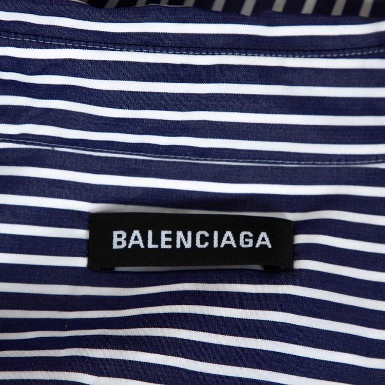 Pre Owned Balenciaga Navy Blue Logo Print Striped Cotton Shrunken Shirt M