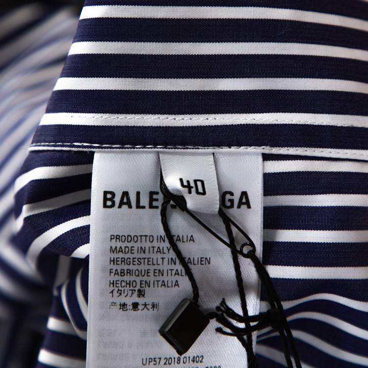 Pre Owned Balenciaga Navy Blue Logo Print Striped Cotton Shrunken Shirt M