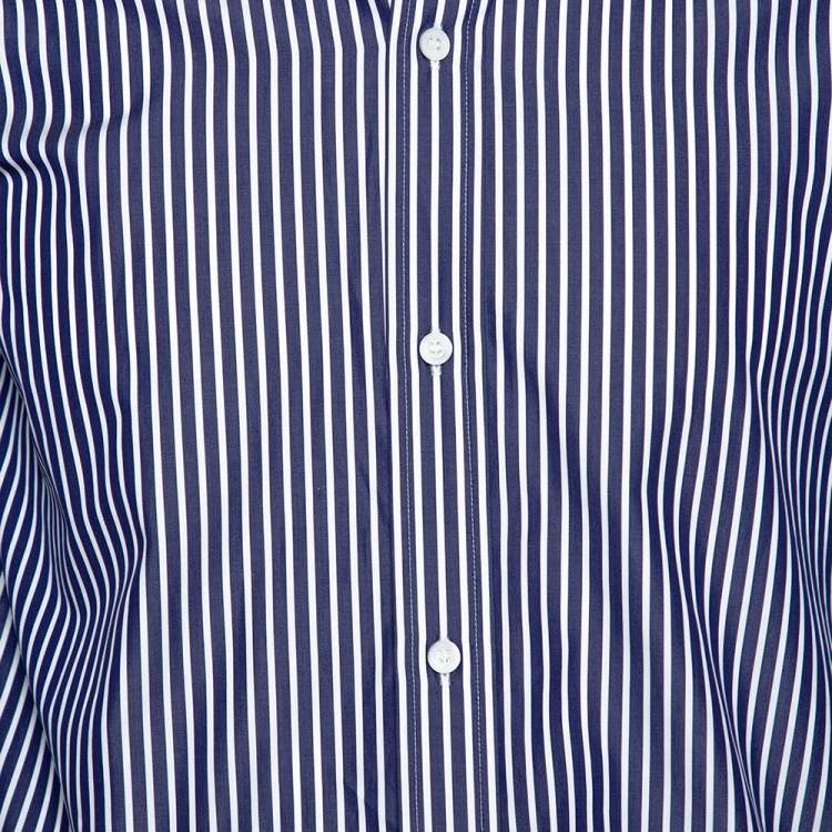 Pre Owned Balenciaga Navy Blue Logo Print Striped Cotton Shrunken Shirt M