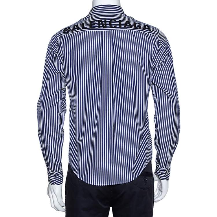 Pre Owned Balenciaga Navy Blue Logo Print Striped Cotton Shrunken Shirt M
