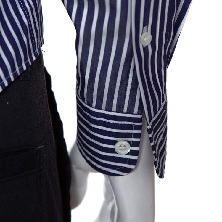Pre Owned Balenciaga Navy Blue Logo Print Striped Cotton Shrunken Shirt M