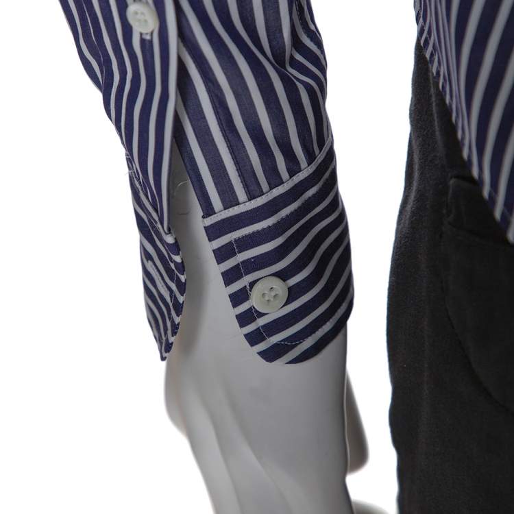 Pre Owned Balenciaga Navy Blue Logo Print Striped Cotton Shrunken Shirt M