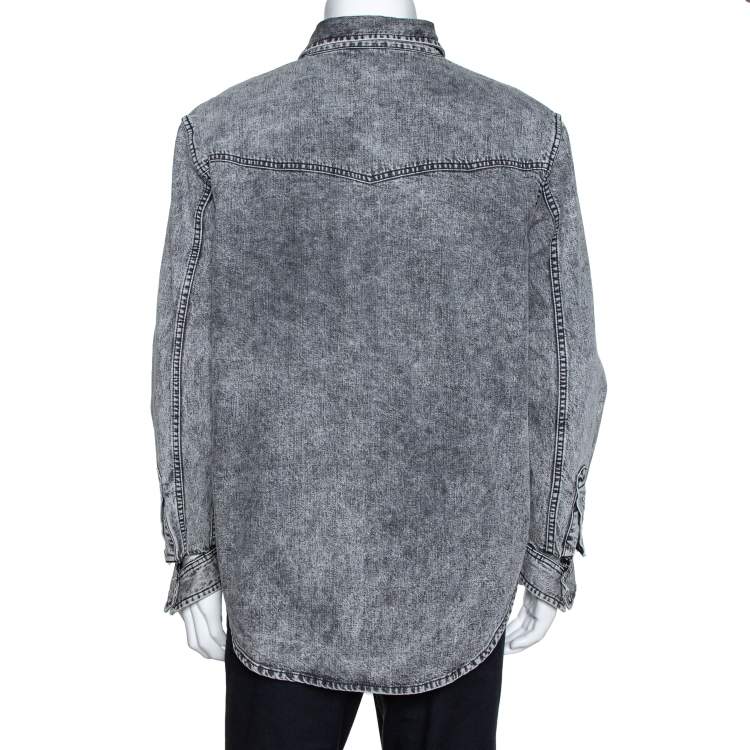 Pre Owned Balenciaga Grey Acid Washed Denim Distressed Cuff Detail Shirt L