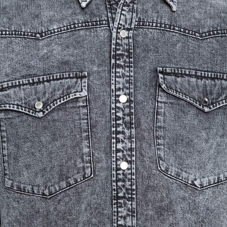 Pre Owned Balenciaga Grey Acid Washed Denim Distressed Cuff Detail Shirt L