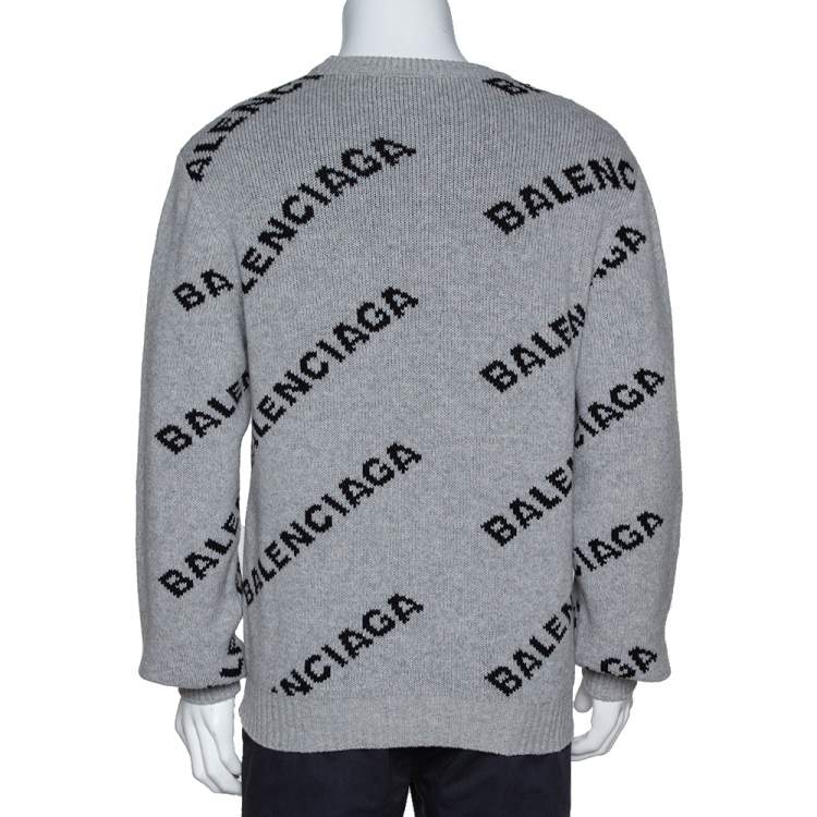 مملوكة مسبقًا Balenciaga Grey Wool Blend Allover Logo Crew Neck Sweater M
