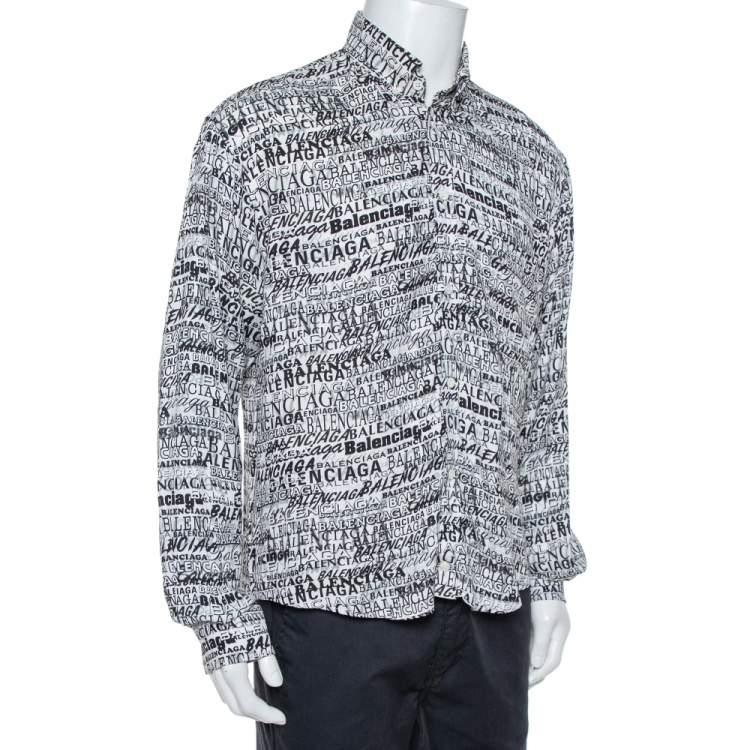 Pre Owned Balenciaga Monochrome Logo Printed Crepe Button Front Shirt S