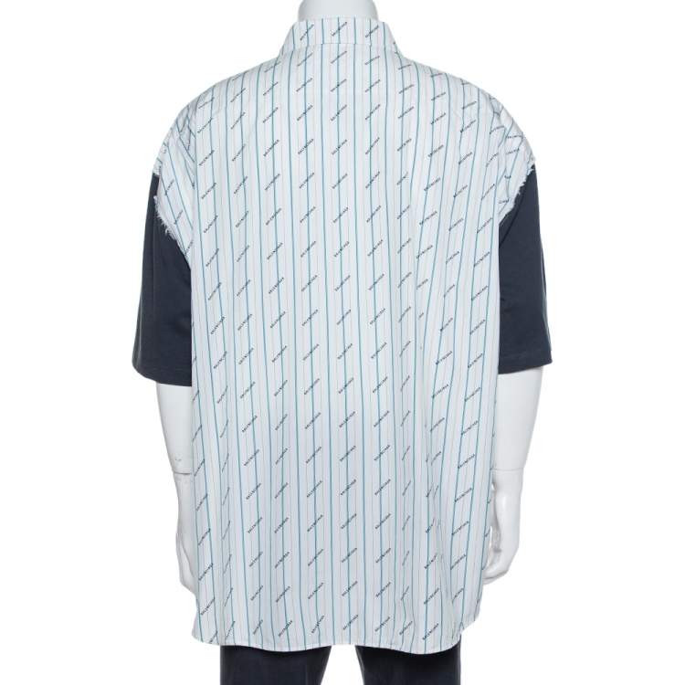 Pre Owned Balenciaga White Cotton Allover Logo Patch Short Sleeve Oversized Shirt XXL