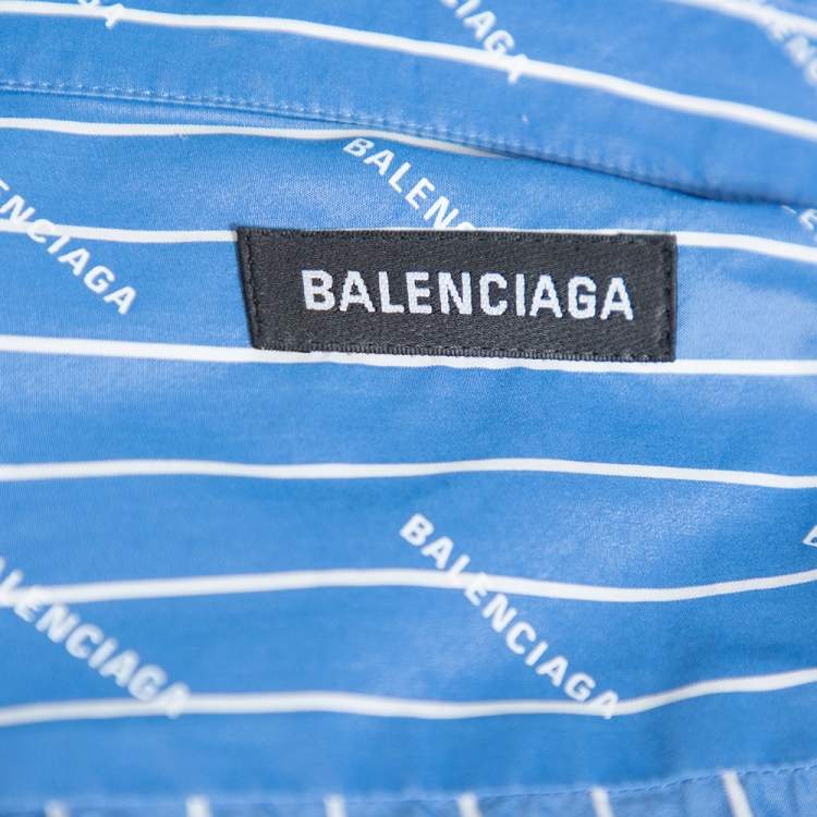 Pre Owned Balenciaga Blue Striped Cotton All Over Logo Print Button Front Shirt L