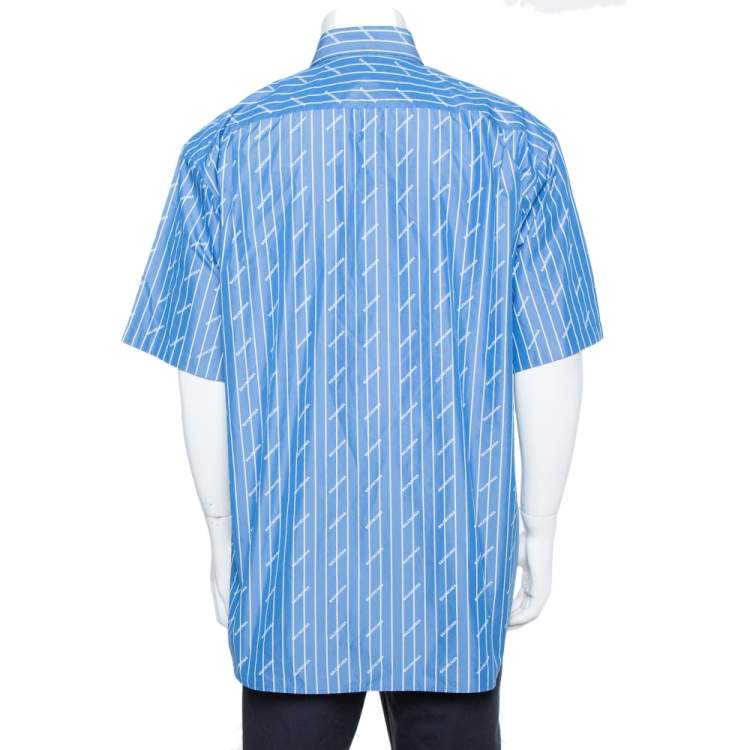 Pre Owned Balenciaga Blue Striped Cotton All Over Logo Print Button Front Shirt L