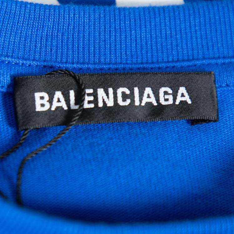 Pre Owned Balenciaga Blue Cotton Logo Printed Crewneck T-Shirt M