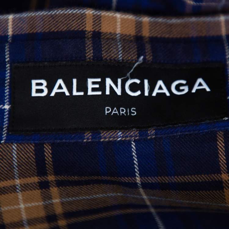 Pre Owned Balenciaga Blue Logo Print Checked Cotton Flannel Oversized Shirt M 