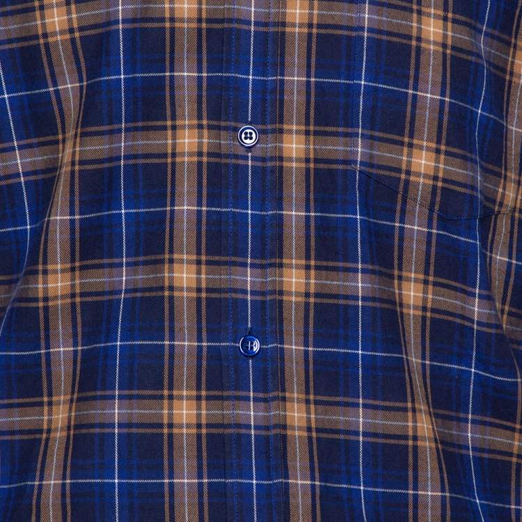 Pre Owned Balenciaga Blue Logo Print Checked Cotton Flannel Oversized Shirt M 