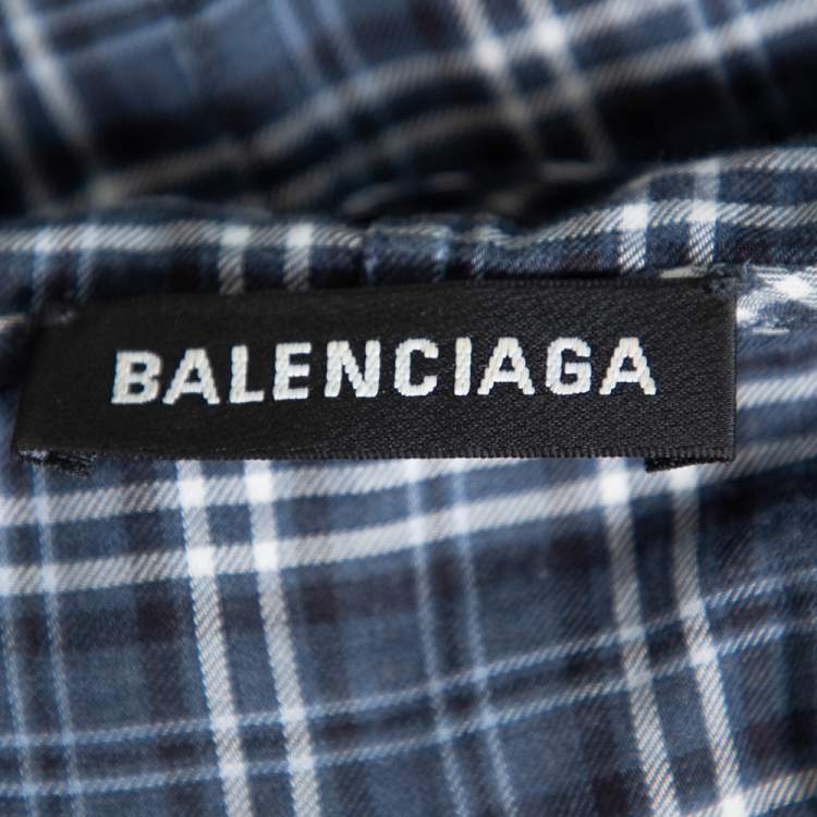 Pre Owned Balenciaga Navy Blue Plaid Flannel Oversized Hooded Jacket XXS