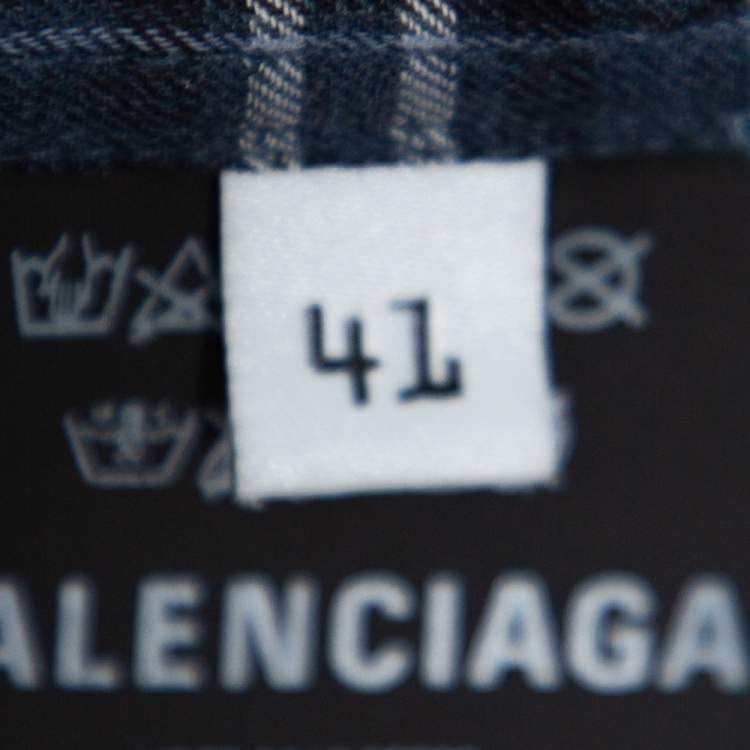 Pre Owned Balenciaga Navy Blue Plaid Flannel Oversized Hooded Jacket XXS