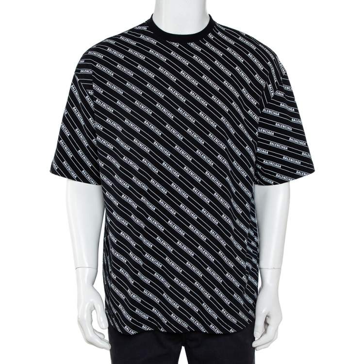 Pre Owned Balenciaga Black Logo Printed Cotton Crewneck T-Shirt M