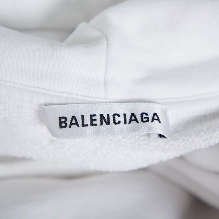 Pre Owned Balenciaga White Logo Printed Cotton Hooded Sweatshirt XS