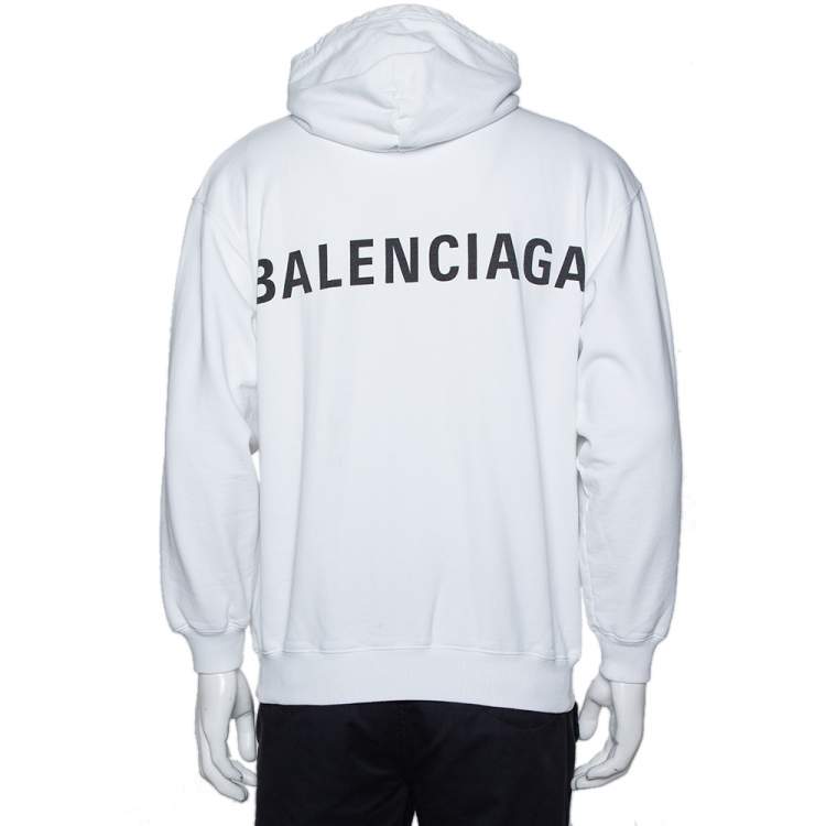Pre Owned Balenciaga White Logo Printed Cotton Hooded Sweatshirt XS