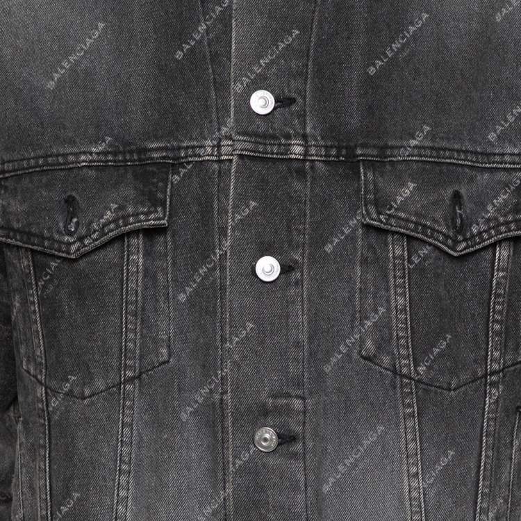 Pre Owned Balenciaga Grey Logo Printed Denim Distressed Collar Detail Jacket M