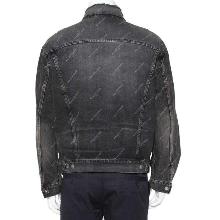 Pre Owned Balenciaga Grey Logo Printed Denim Distressed Collar Detail Jacket M