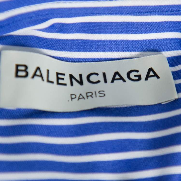 Pre Owned Balenciaga Blue Striped Knit Hi-Low Hem Oversized Shirt XS
