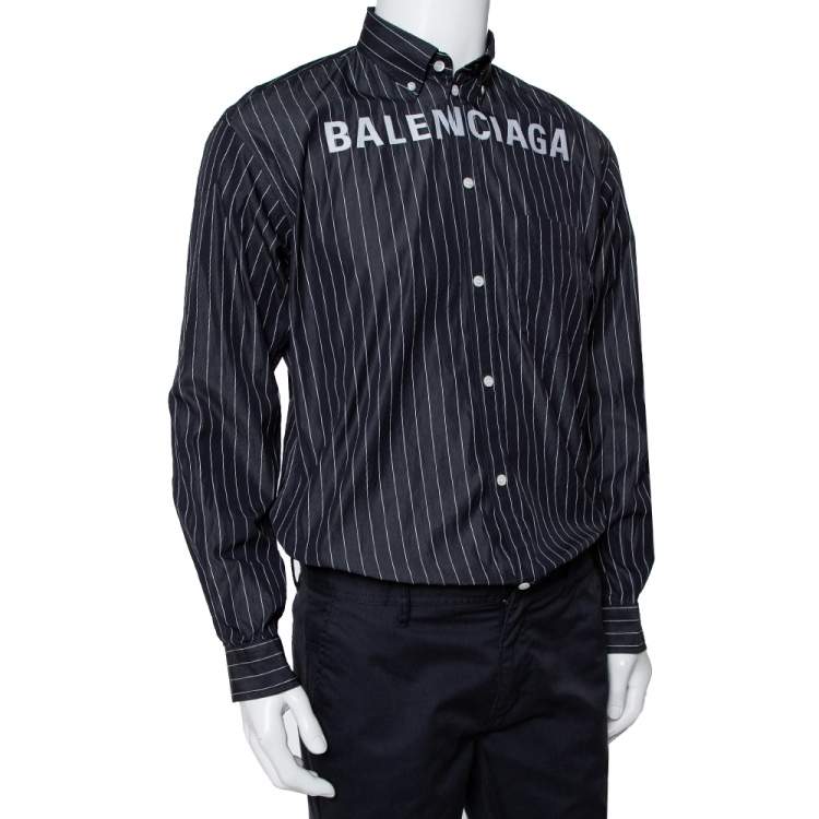 Pre Owned Balenciaga Black Striped Cotton Logo Embroidered Button Front Shirt S
