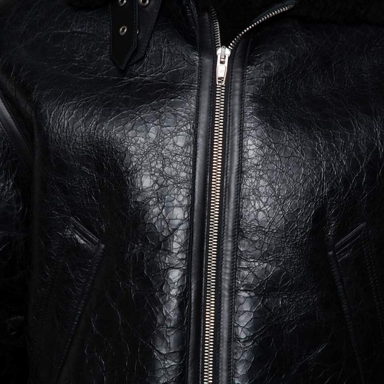 Pre Owned Balenciaga Black Leather Faux Fur Lined Collared Jacket S
