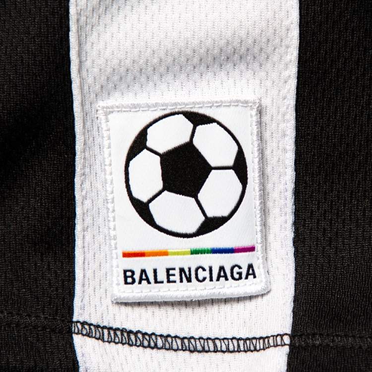 Pre Owned Balenciaga Black Logo Printed Jersey Paneled Soccer T-Shirt M