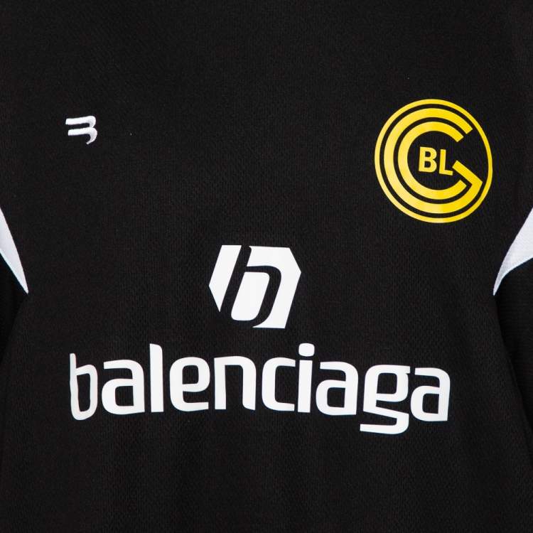 Pre Owned Balenciaga Black Logo Printed Jersey Paneled Soccer T-Shirt M